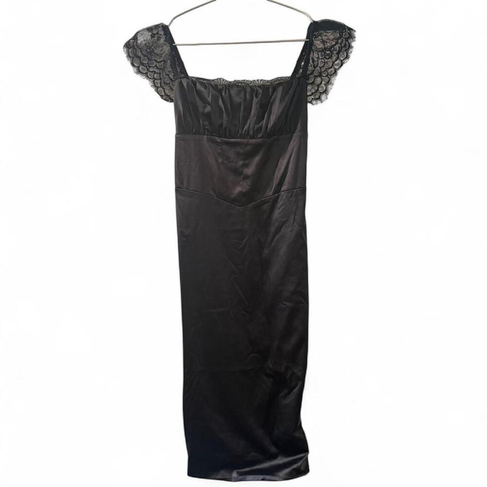 Y2K Satin Black Lace Trim Corset Midi Dress Basque Waist Whimsigoth Gothic XS